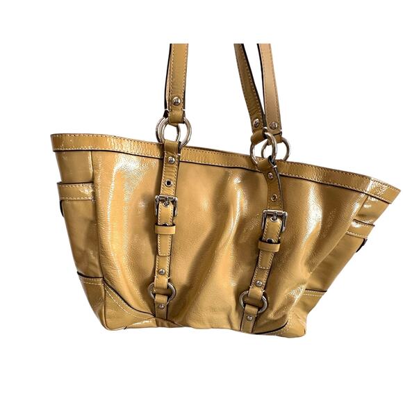 Coach Gallery Patent Leather Tote Bag Tan Camel 10380 Purple Lining - Picture 3 of 15